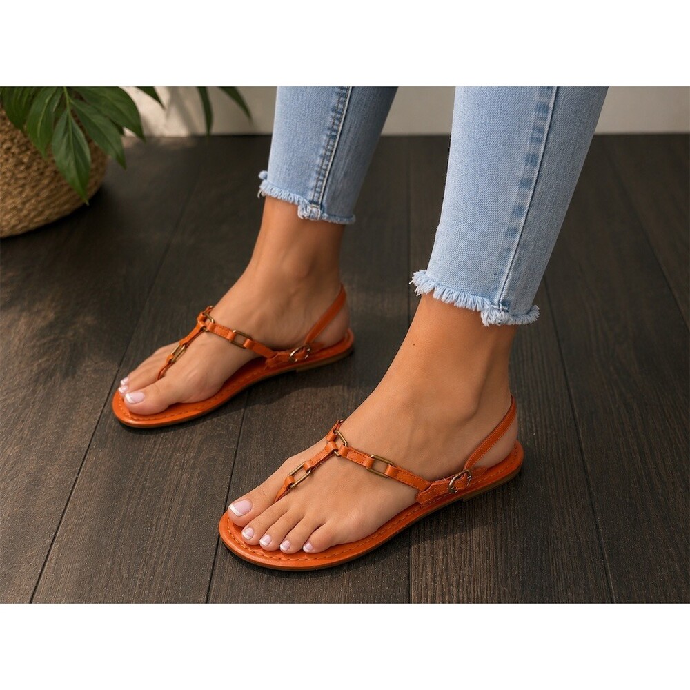 Luna Mulier Sandals Womens EU 38 Orange T-Strap Thong Flat Buckle